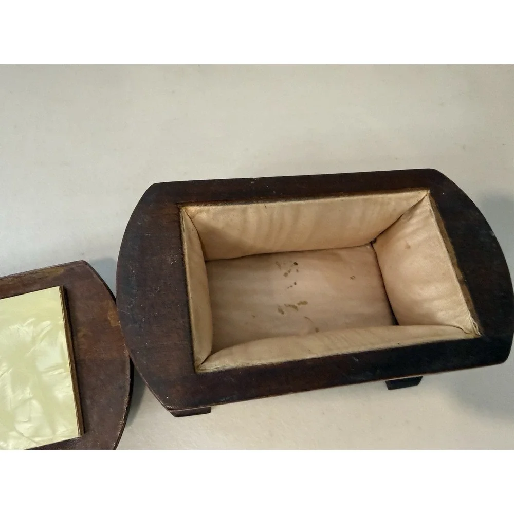 Vintage Art Deco Wood Keepsake Box Satin Lined Celluloid Faux Pearl Lid Insert